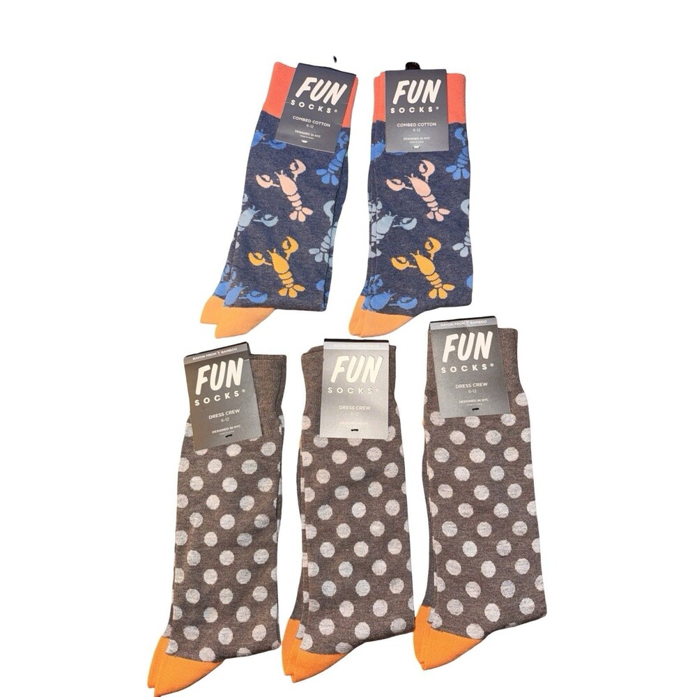Fun Socks Lot 5 Crew Dress Socks Lobster Polka Dot Mens 6-12 Cotton Blend New